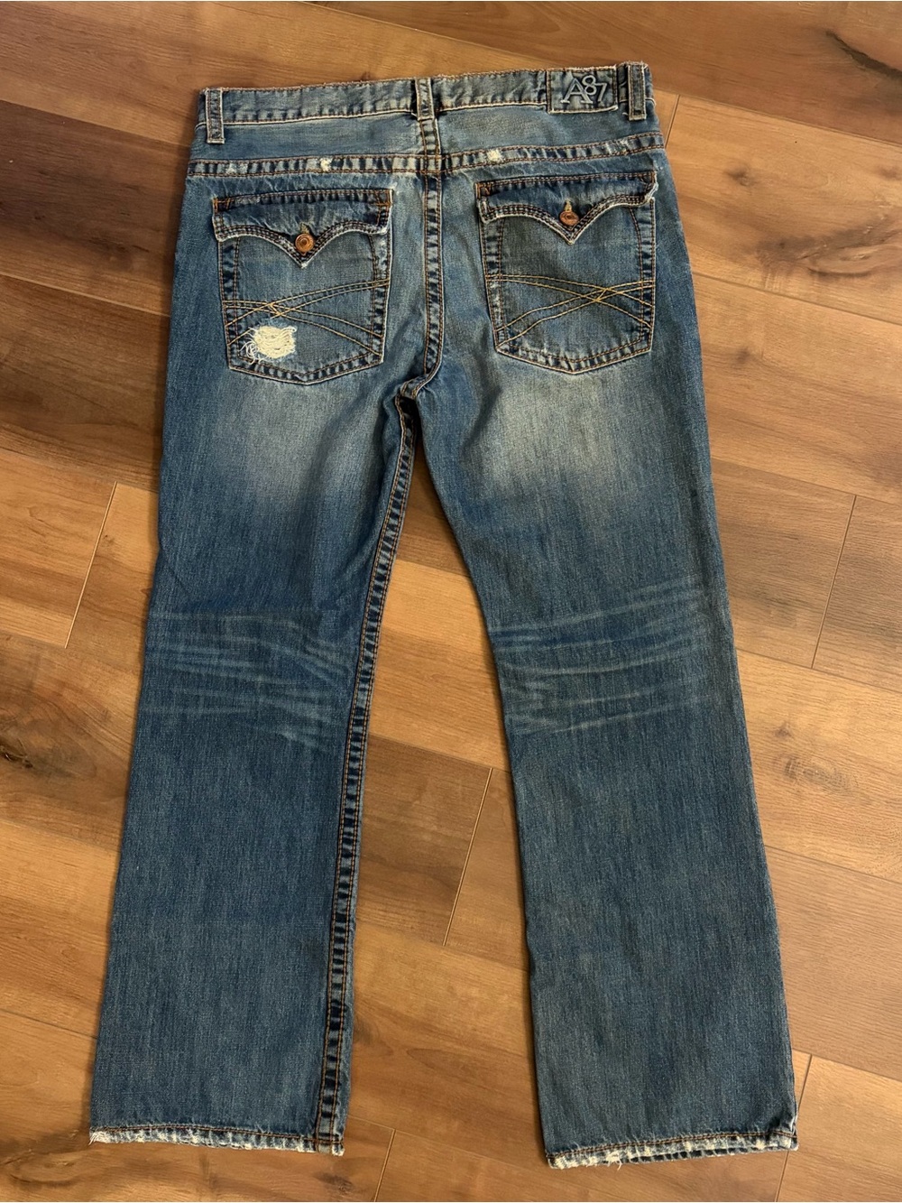 Aeropostale Driggs Slim Bootcut Blue Jeans Mens 36x30 (38x31) Whiskered Faded